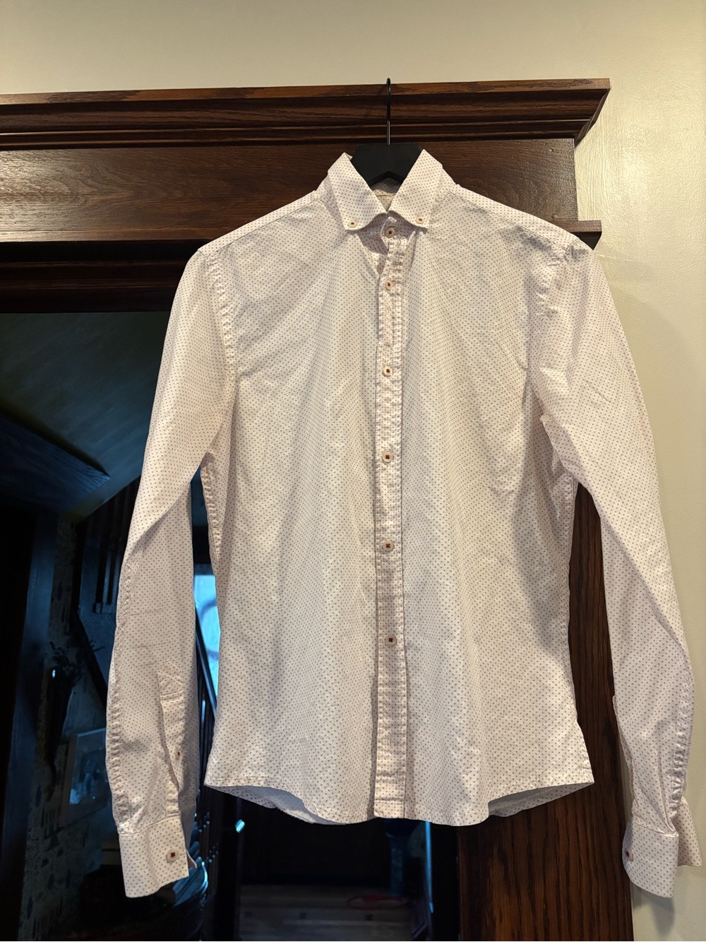 Zara Men's White&Red Micro-Pattern Button-Up Shirt